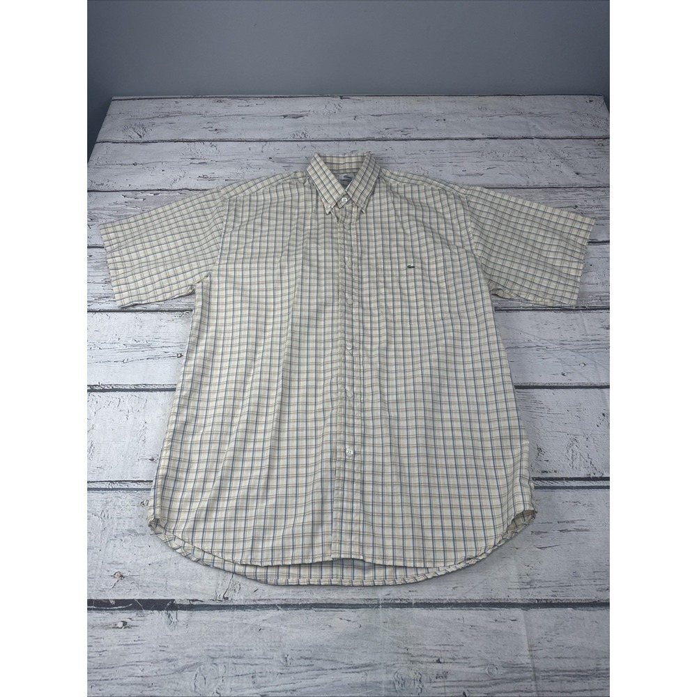 Lacoste Chemise Shirt Mens 42 Yellow Blue Plaid Check Short Sleeve Button Down